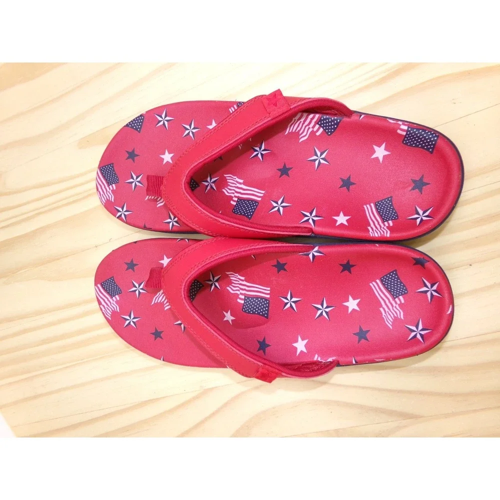 Spenco Flip Flop Sandals Womens Yellow 3D Applique Floral & Red Flags Stars Sz 7